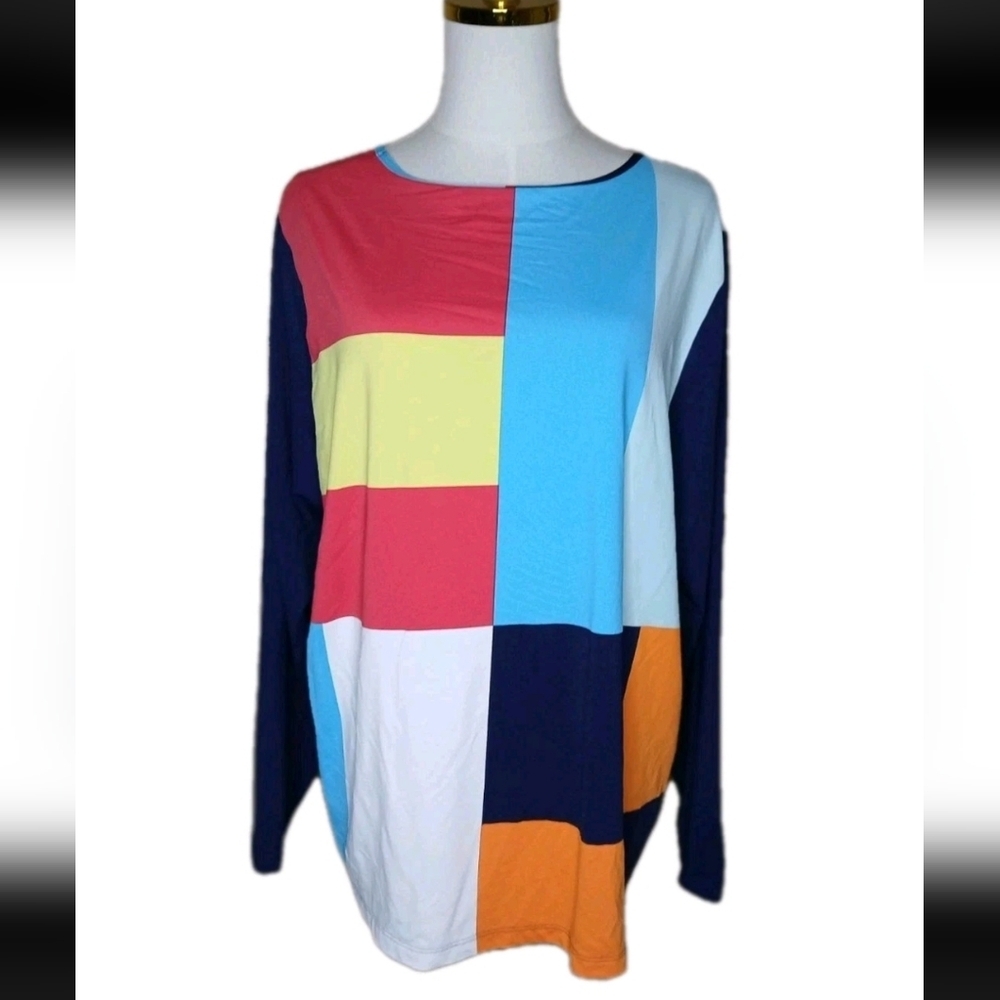 Lands' End Top Long Sleeve Round Neck Color Block Tunic paisley Patterned Sz 2X